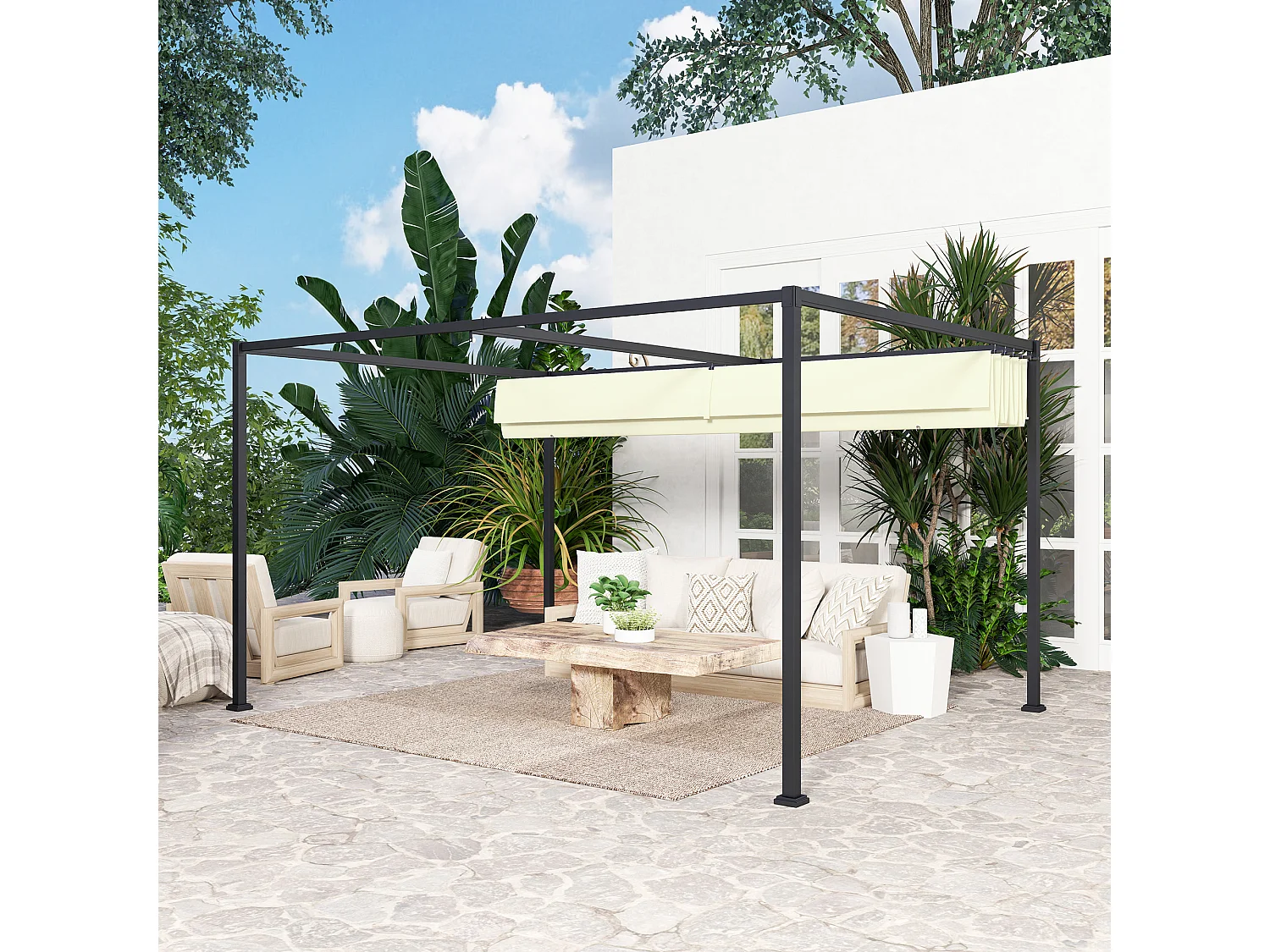 Pergola gazebo 4x3 m con tettuccio retrattile in metallo crema