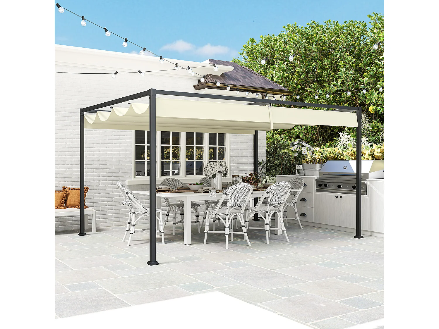 Pergola gazebo 4x3 m con tettuccio retrattile in metallo crema