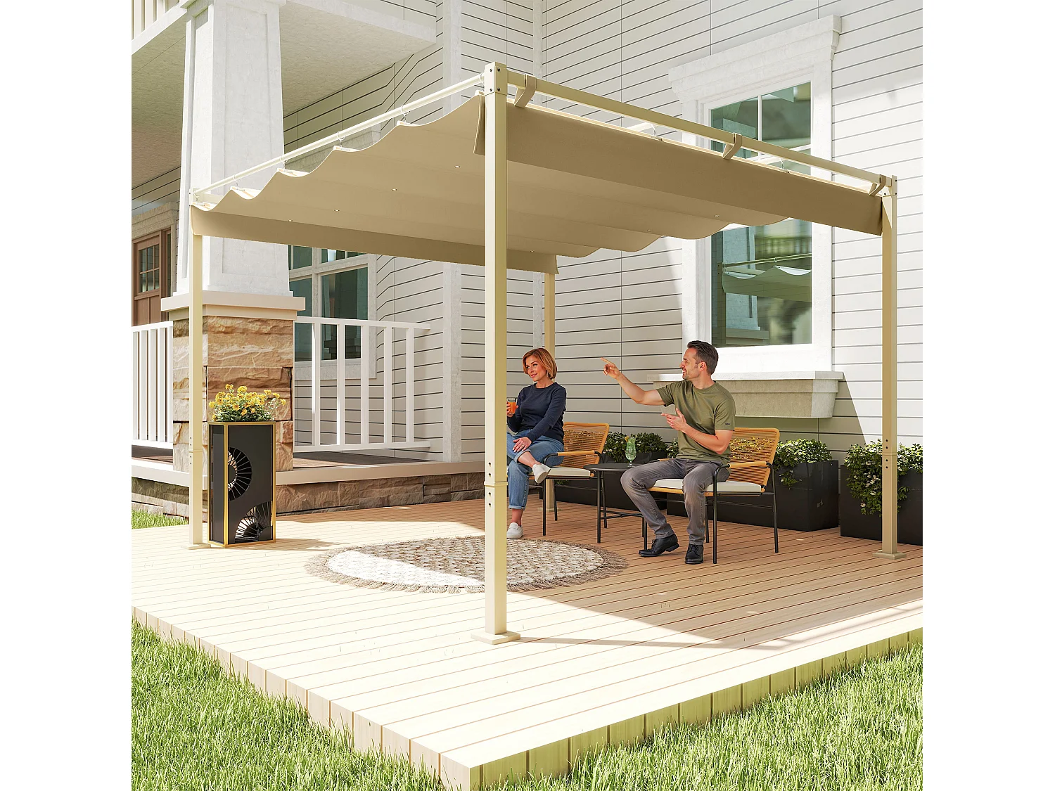 Gazebo pergola 3x3 m con tetto retrattile cachi e 8 viti e picchetti