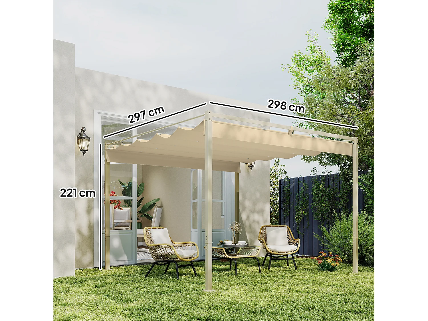 Gazebo pergola 3x3 m con tetto retrattile cachi e 8 viti e picchetti