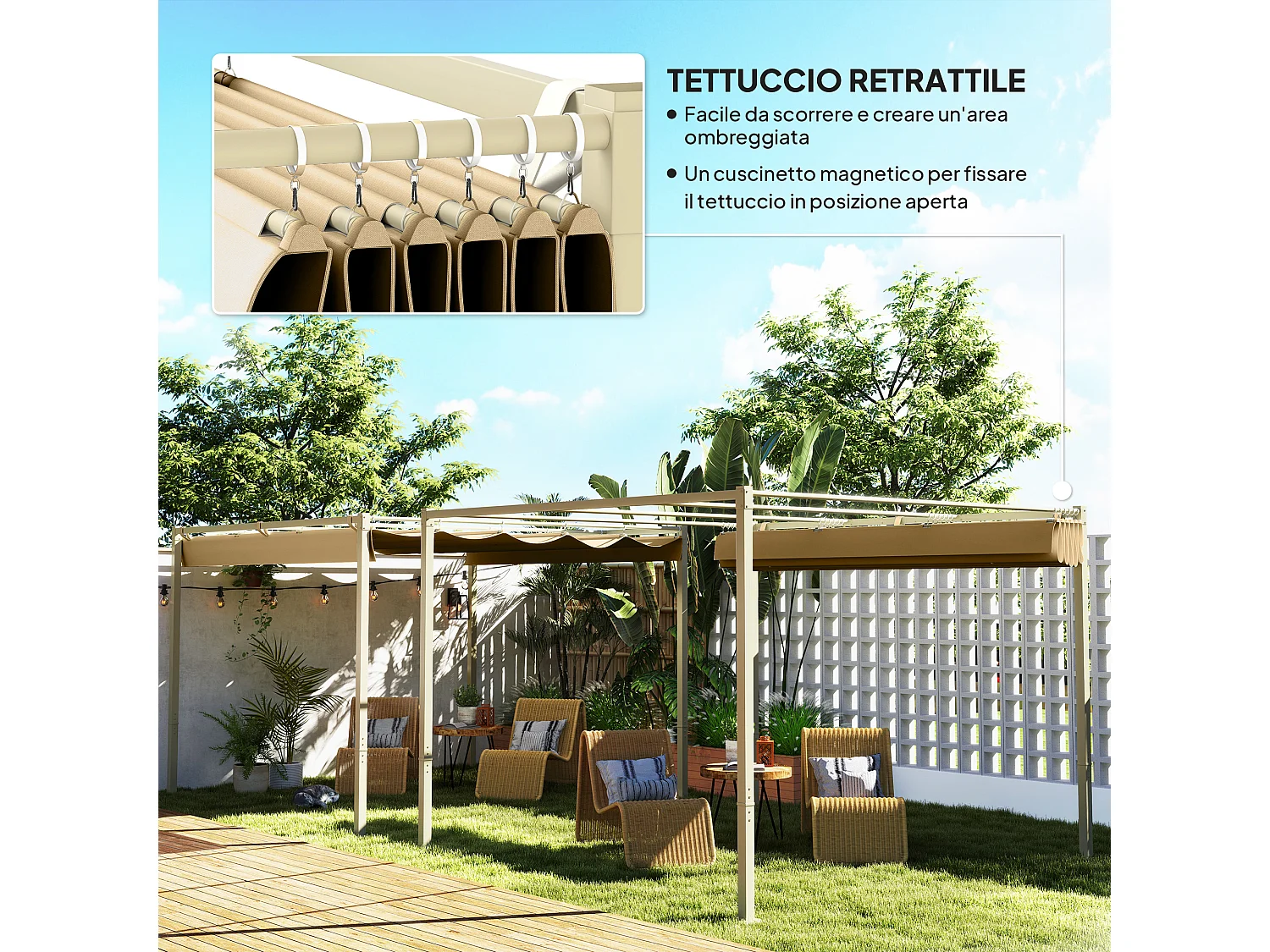 Gazebo pergola 3x3 m con tetto retrattile cachi e 8 viti e picchetti
