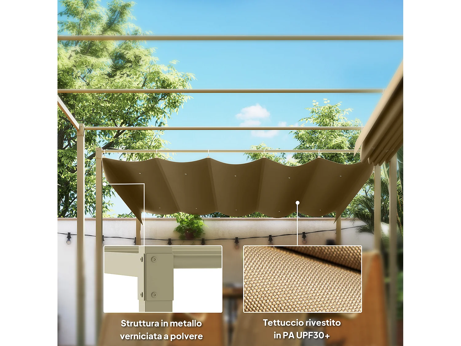 Gazebo pergola 3x3 m con tetto retrattile cachi e 8 viti e picchetti