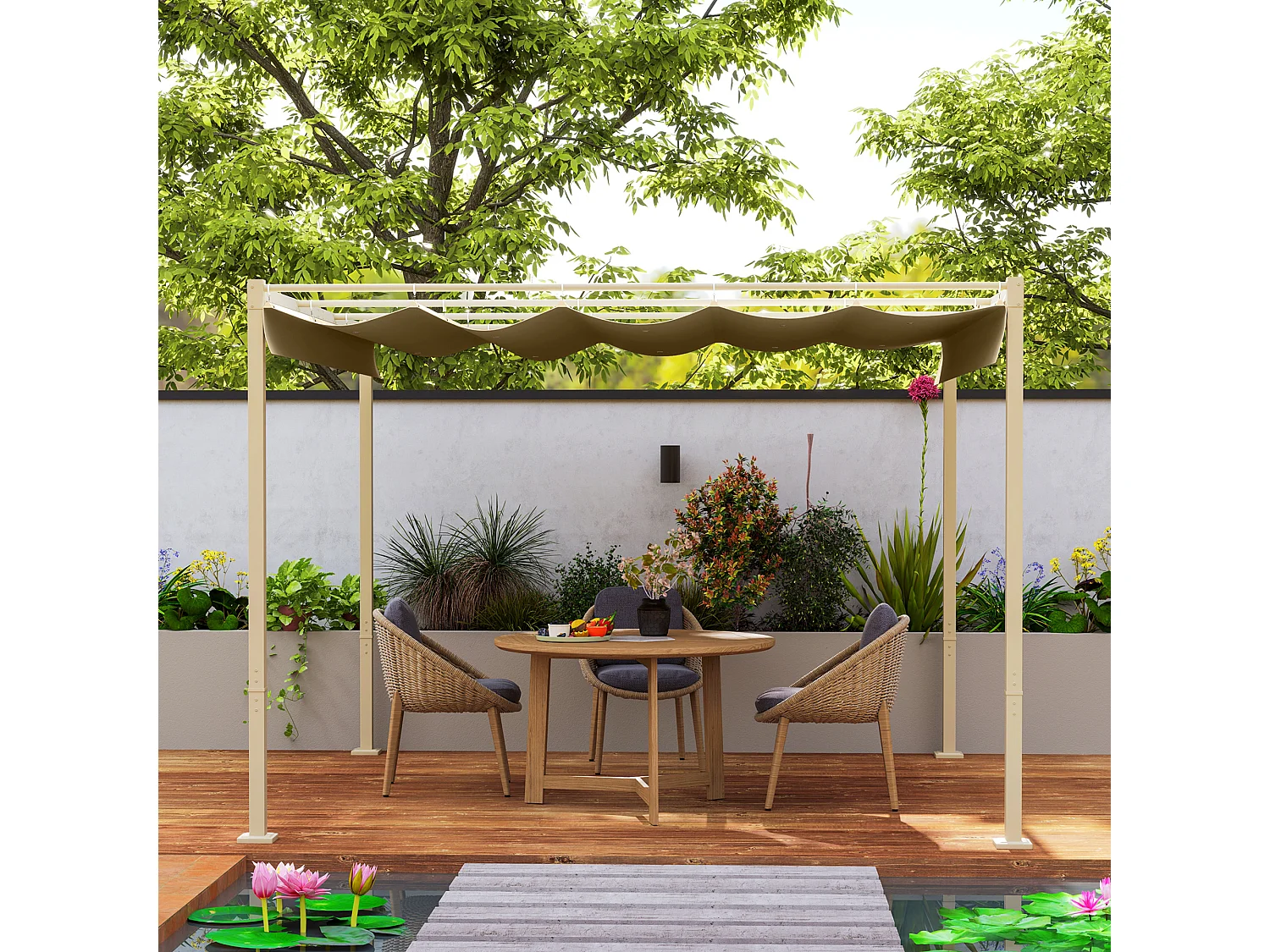 Gazebo pergola 3x3 m con tetto retrattile cachi e 8 viti e picchetti