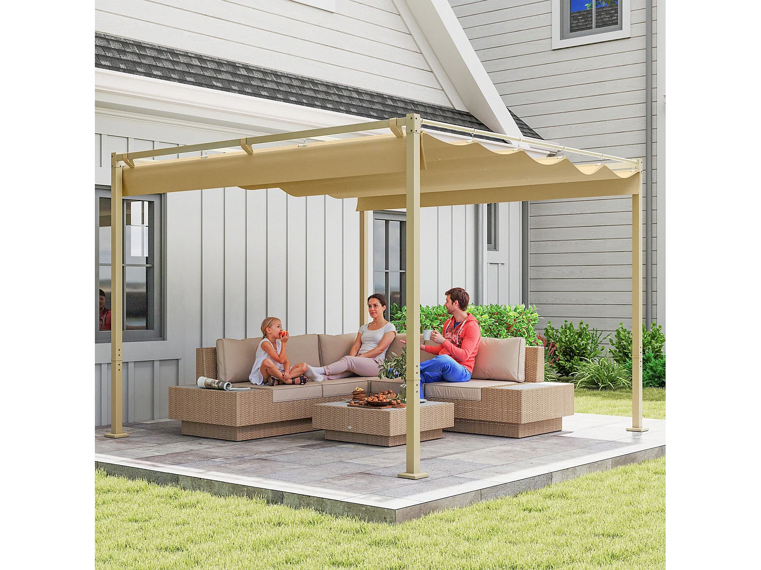 Gazebo pergola 3x3 m con tetto retrattile cachi e 8 viti e picchetti