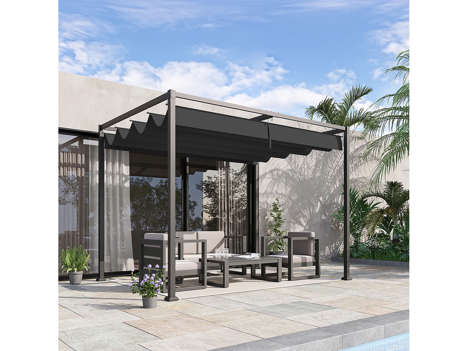 Pergola gazebo 3x2.1 m con tettuccio retrattile in metallo nero