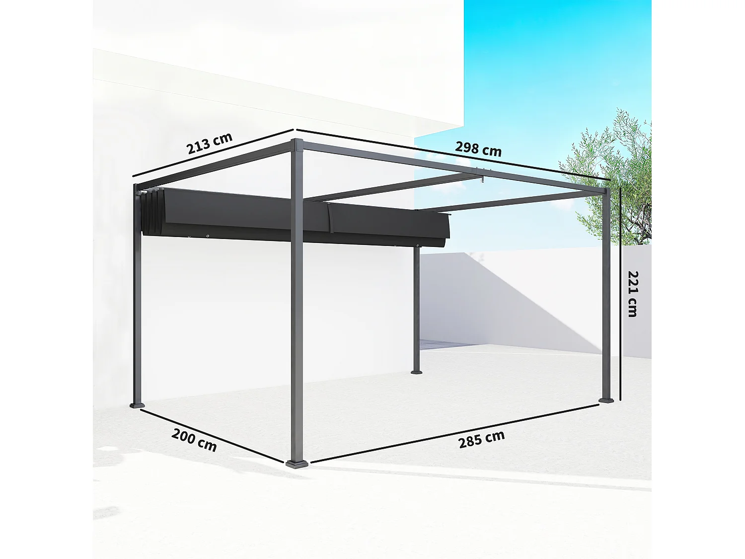 Pergola gazebo 3x2.1 m con tettuccio retrattile in metallo nero