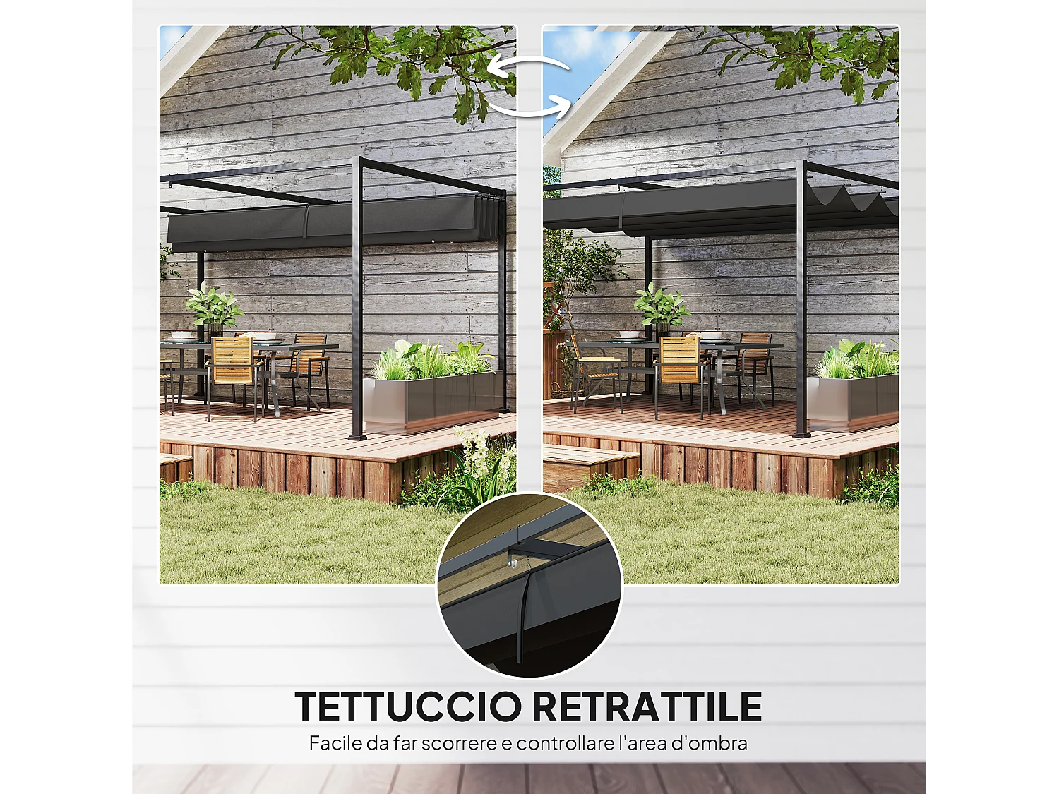 Pergola gazebo 3x2.1 m con tettuccio retrattile in metallo nero