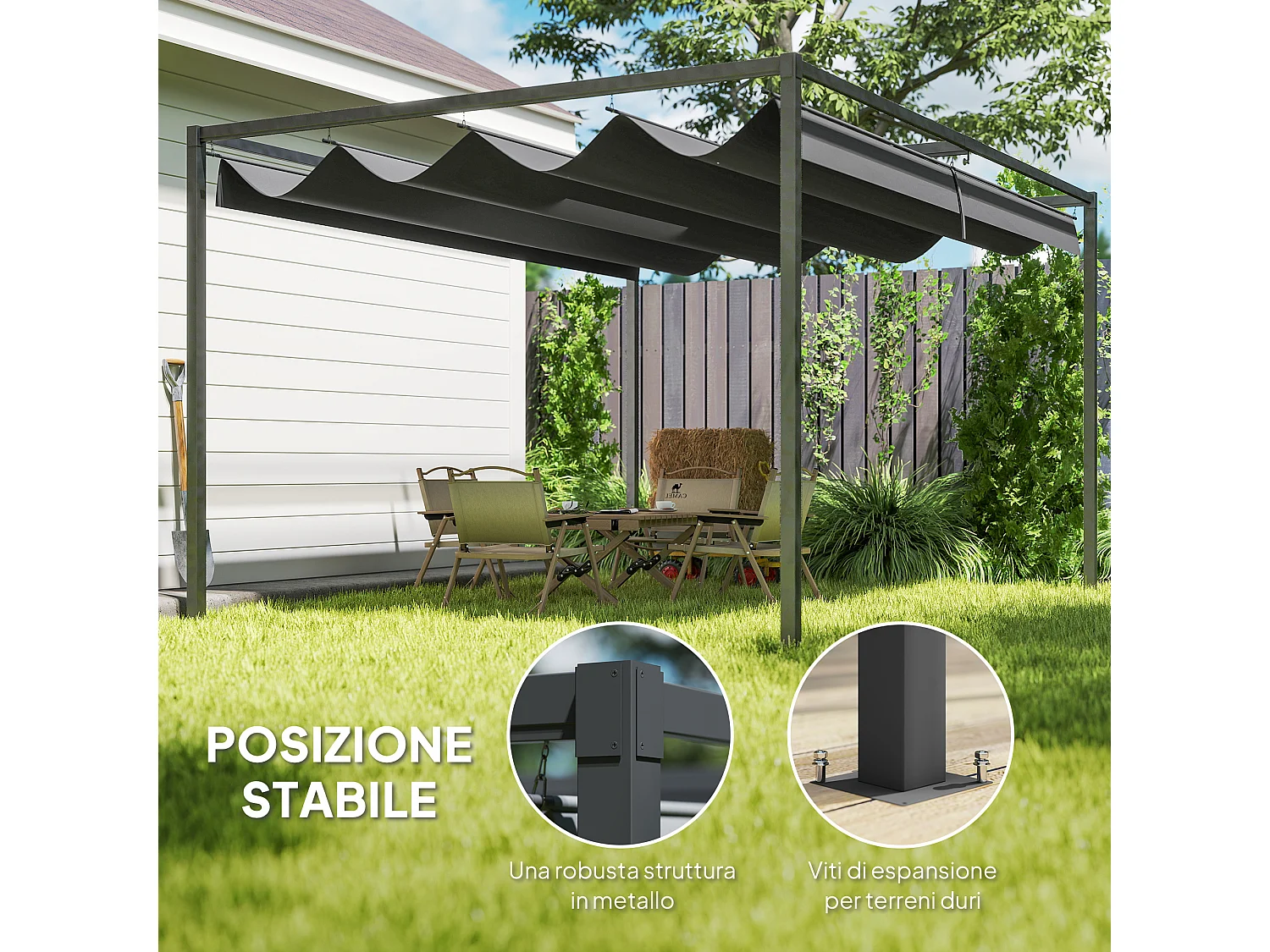 Pergola gazebo 3x2.1 m con tettuccio retrattile in metallo nero