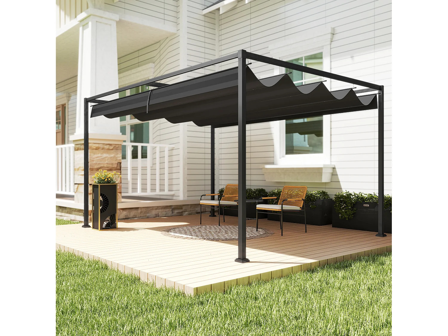 Pergola gazebo 3x2.1 m con tettuccio retrattile in metallo nero