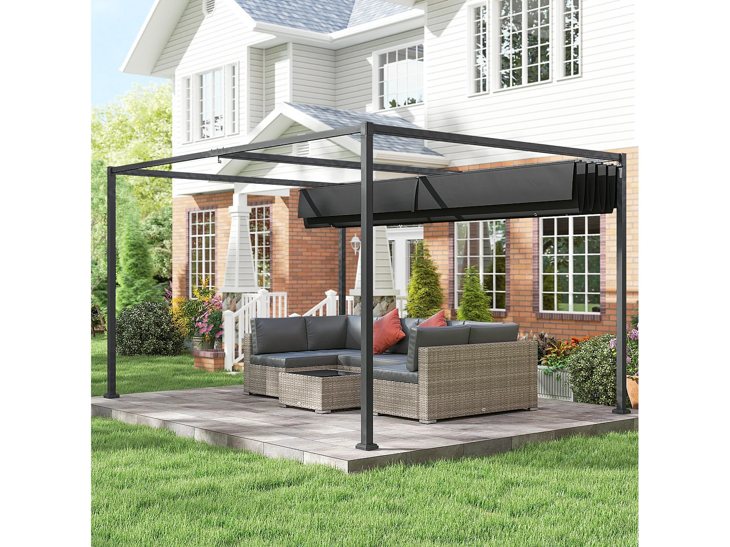 Pergola gazebo 3x2.1 m con tettuccio retrattile in metallo nero