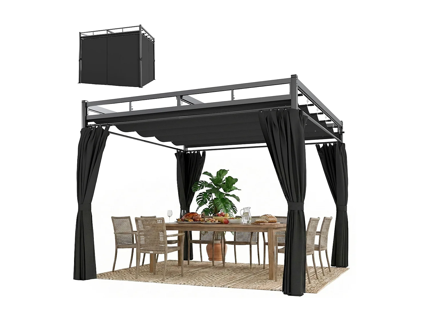 Pergola da esterno 3x3 m con tetto scorrevole e tende grigio scuro
