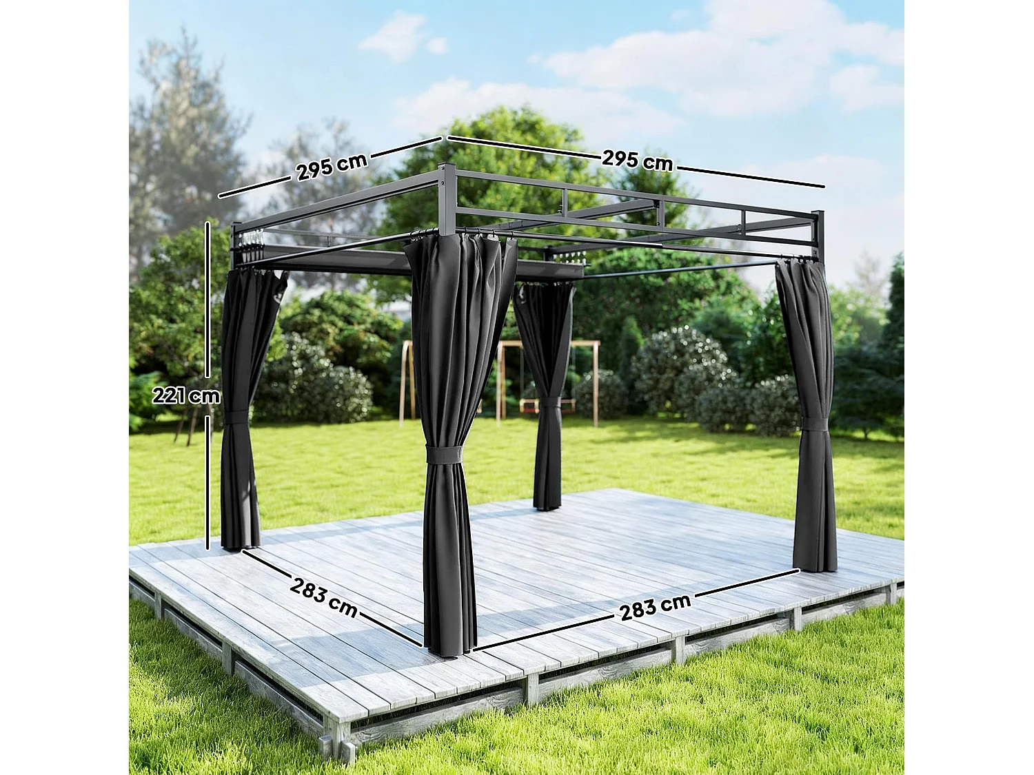 Pergola da esterno 3x3 m con tetto scorrevole e tende grigio scuro