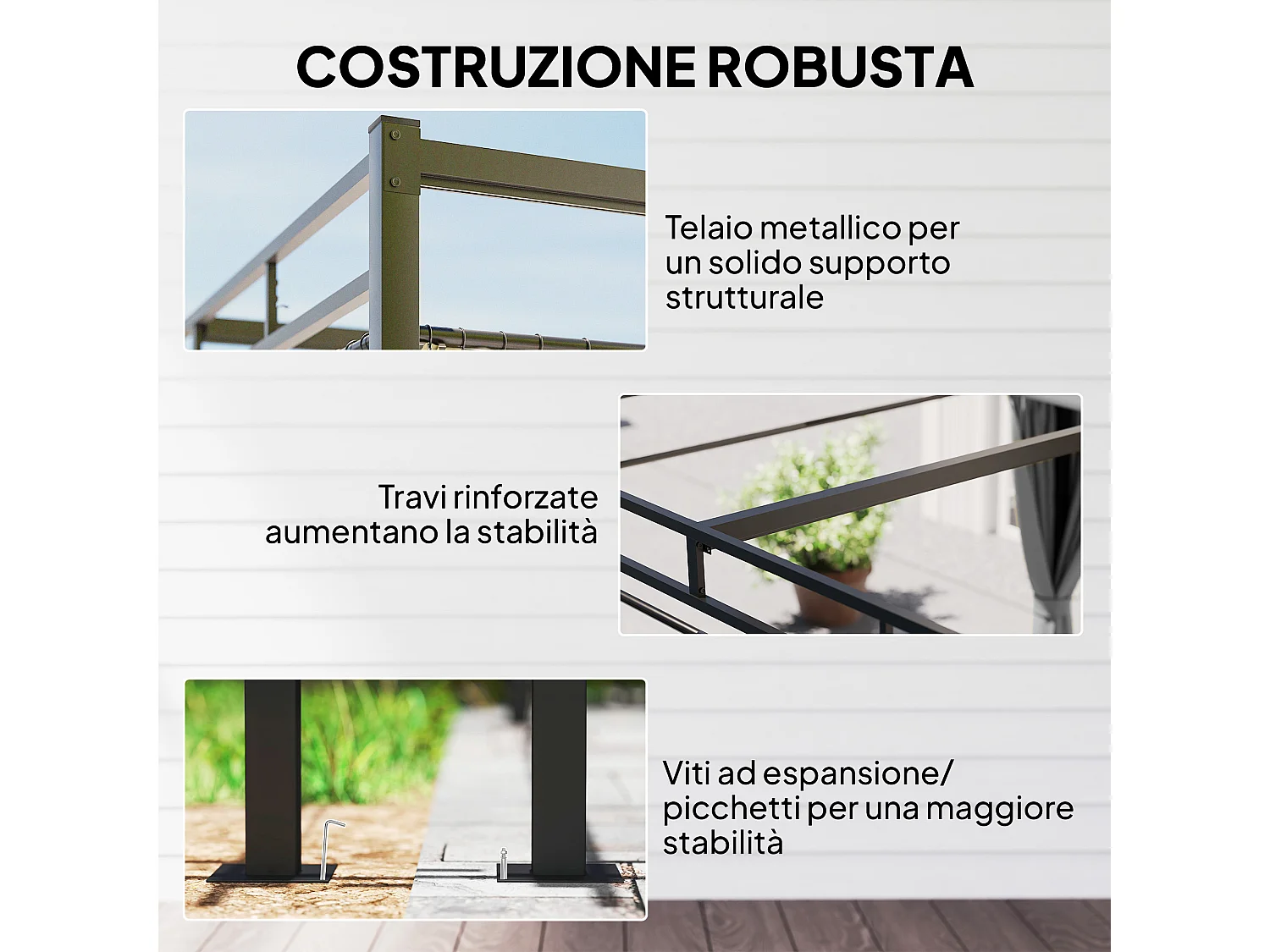 Pergola da esterno 3x3 m con tetto scorrevole e tende grigio scuro