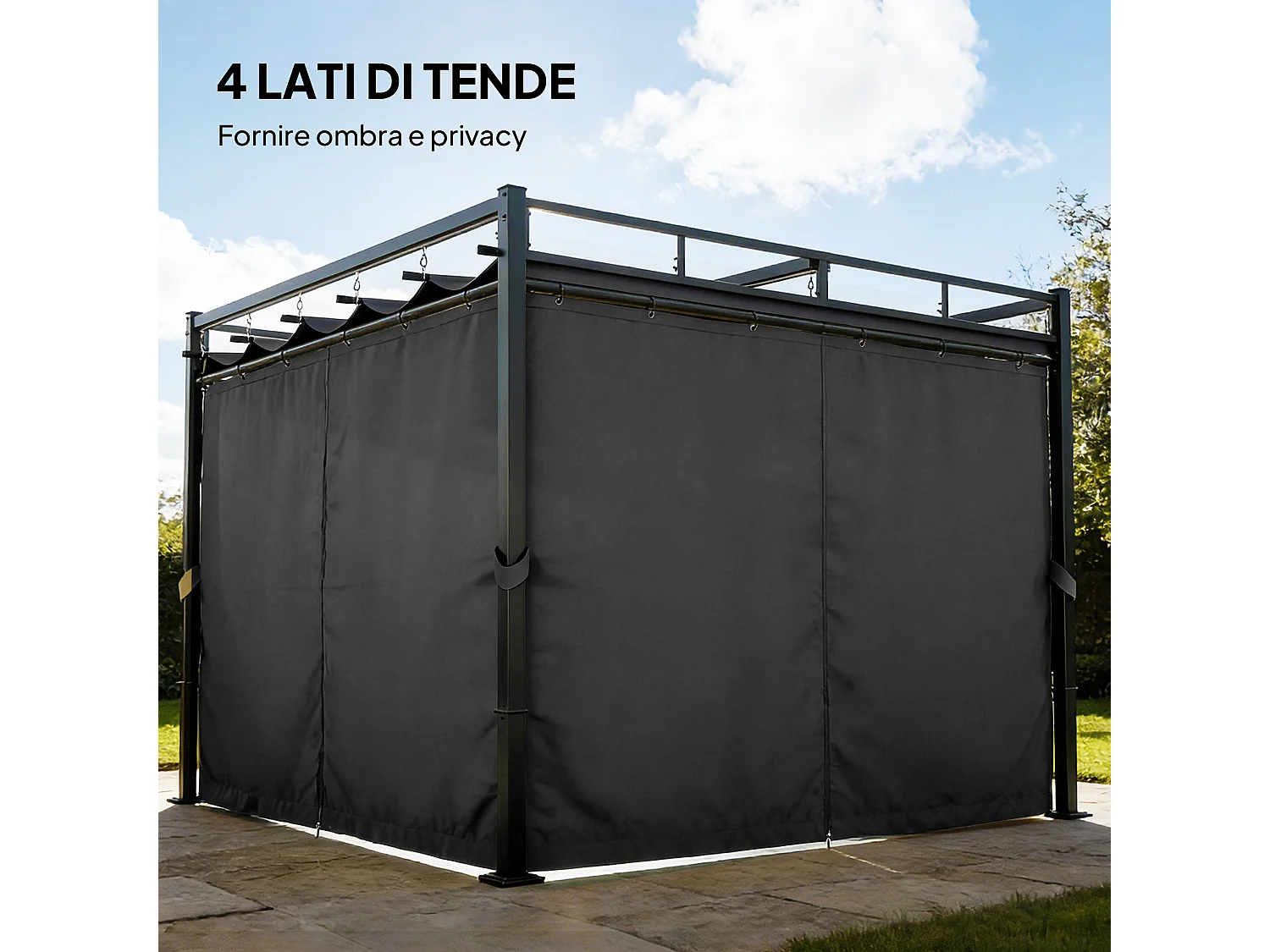 Pergola da esterno 3x3 m con tetto scorrevole e tende grigio scuro