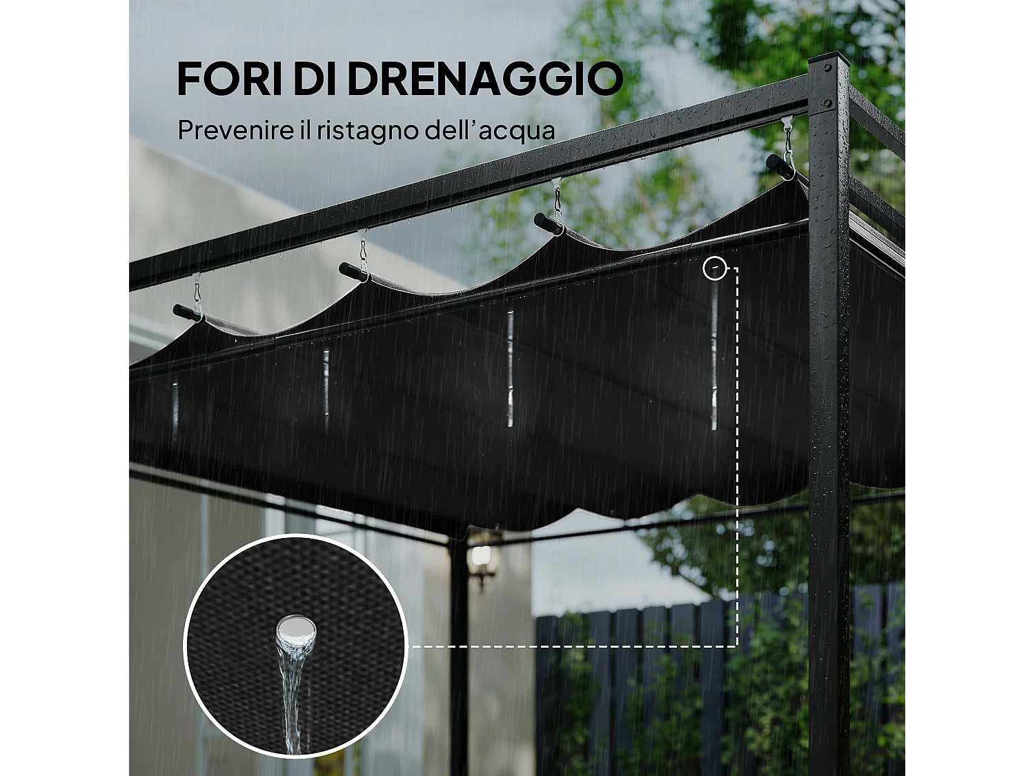 Pergola da esterno 3x3 m con tetto scorrevole e tende grigio scuro