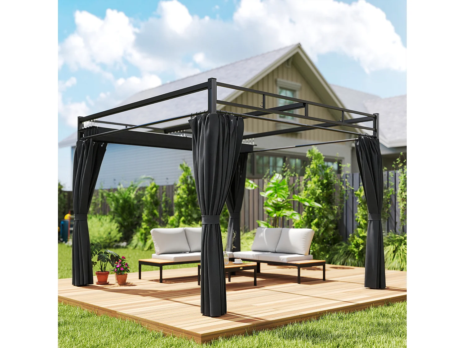 Pergola da esterno 3x3 m con tetto scorrevole e tende grigio scuro