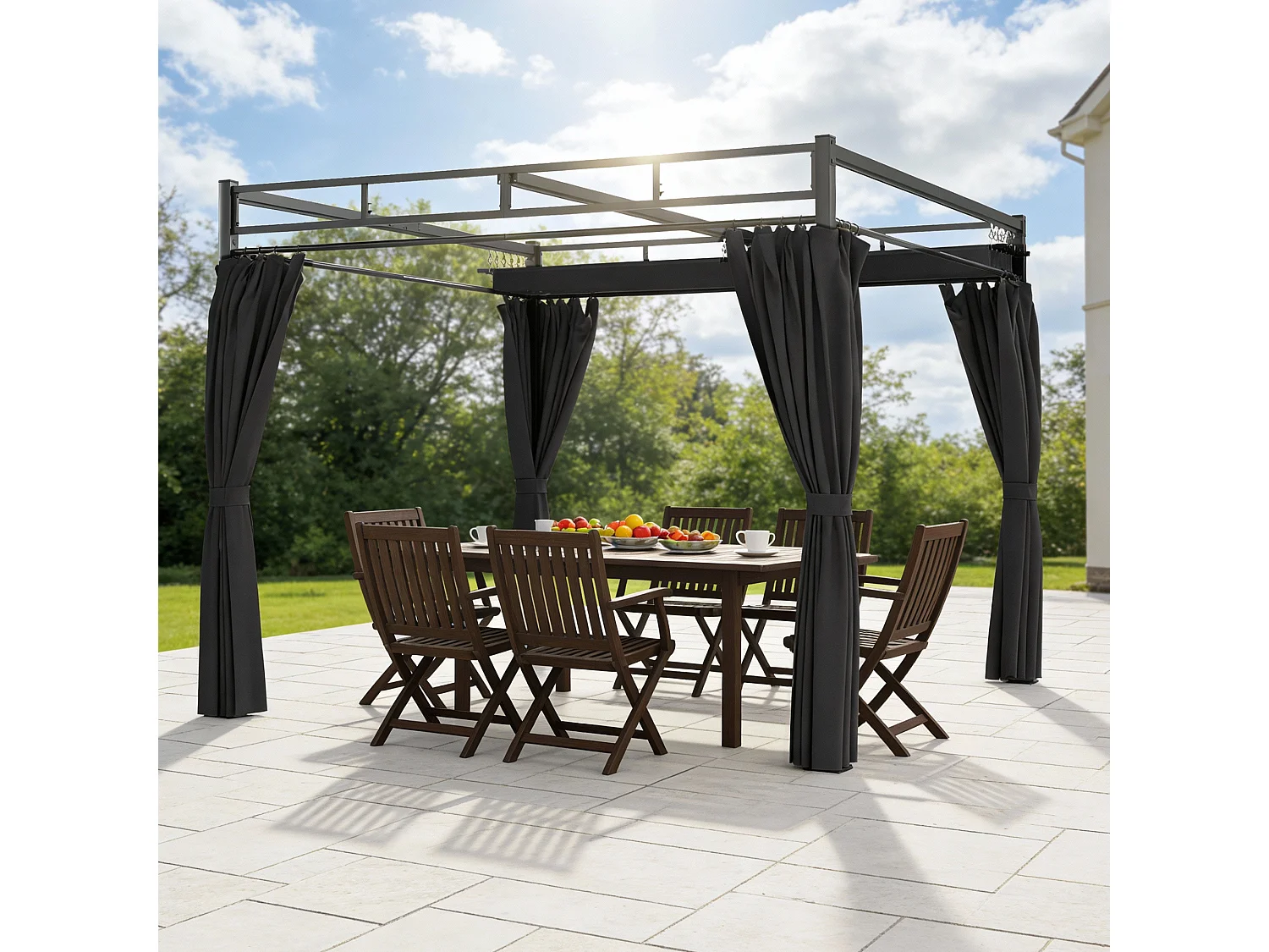 Pergola da esterno 3x3 m con tetto scorrevole e tende grigio scuro