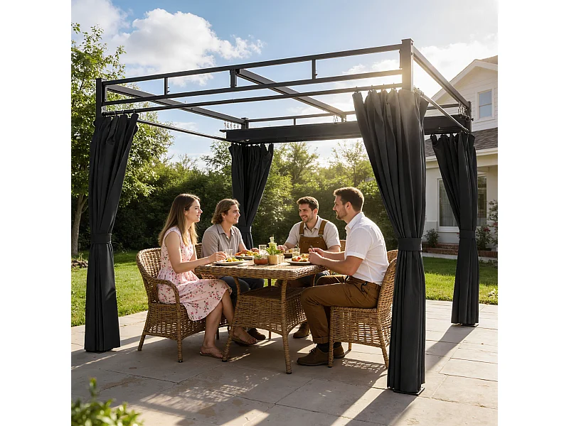 Pergola da esterno 3x3 m con tetto scorrevole e tende grigio scuro