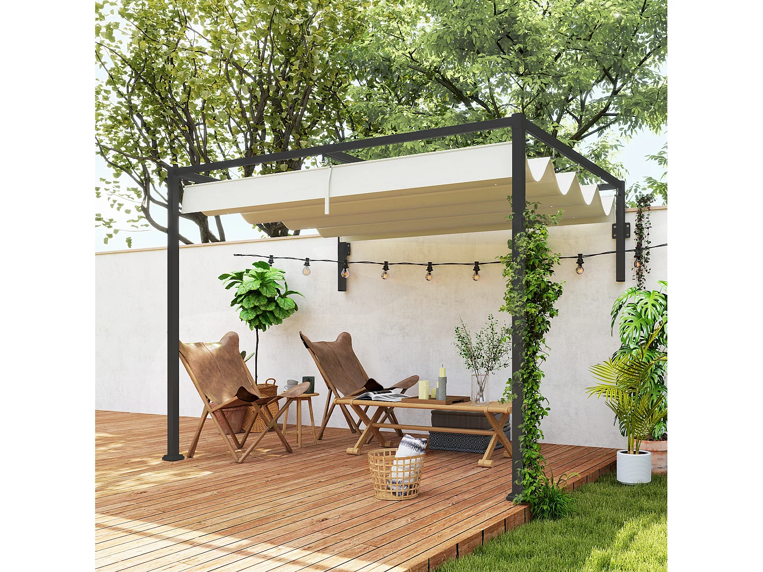 Pergola gazebo con tettuccio retrattile e fori di drenaggio crema