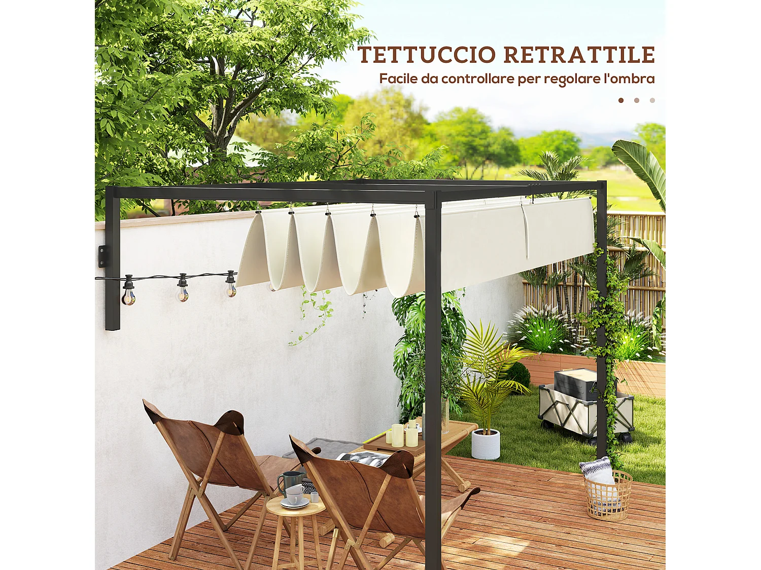 Pergola gazebo con tettuccio retrattile e fori di drenaggio crema