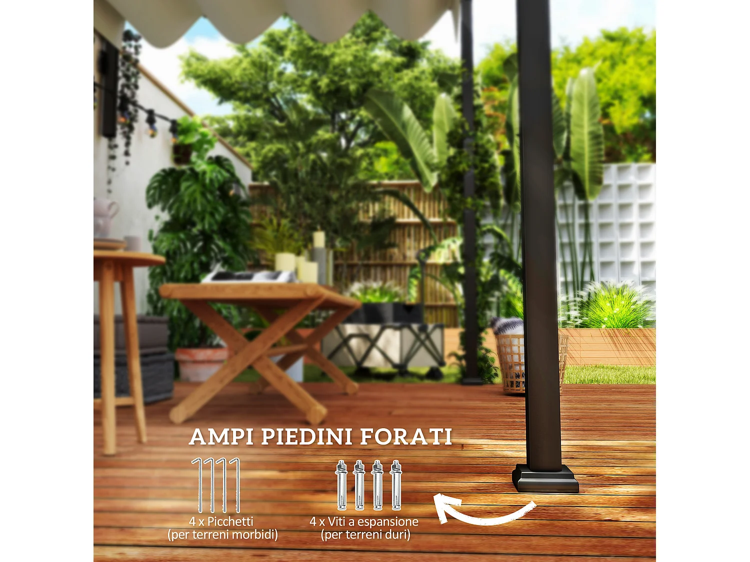 Pergola gazebo con tettuccio retrattile e fori di drenaggio crema