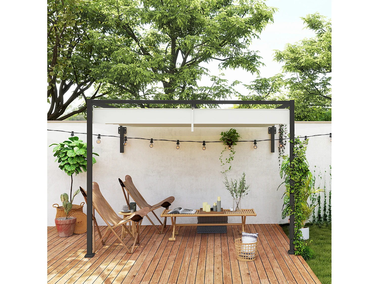 Pergola gazebo con tettuccio retrattile e fori di drenaggio crema
