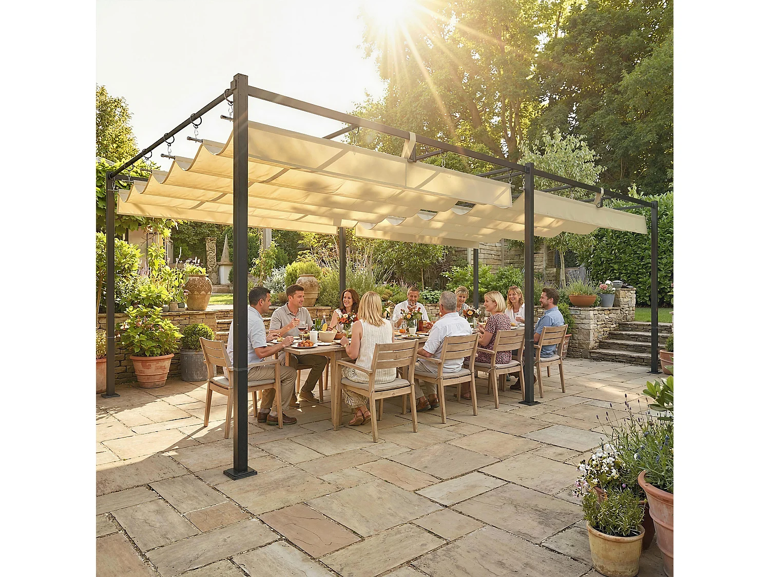 Gazebo pergola con tettuccio retrattile in metallo e poliestere beige