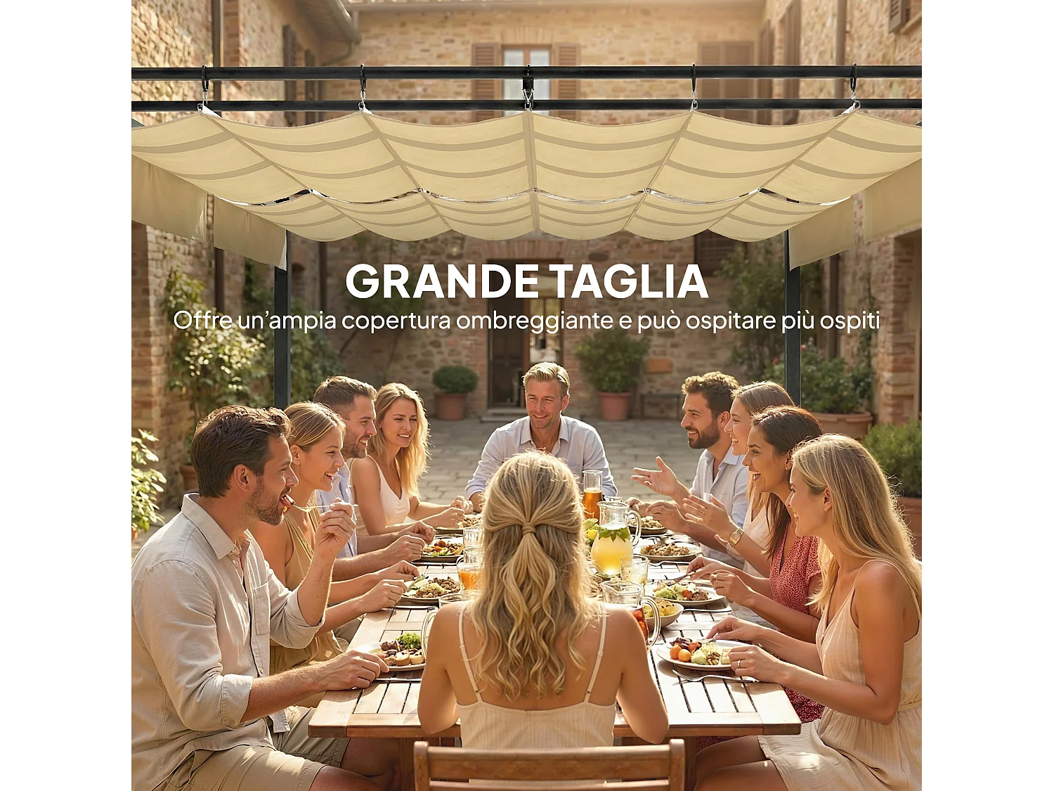 Gazebo pergola con tettuccio retrattile in metallo e poliestere beige
