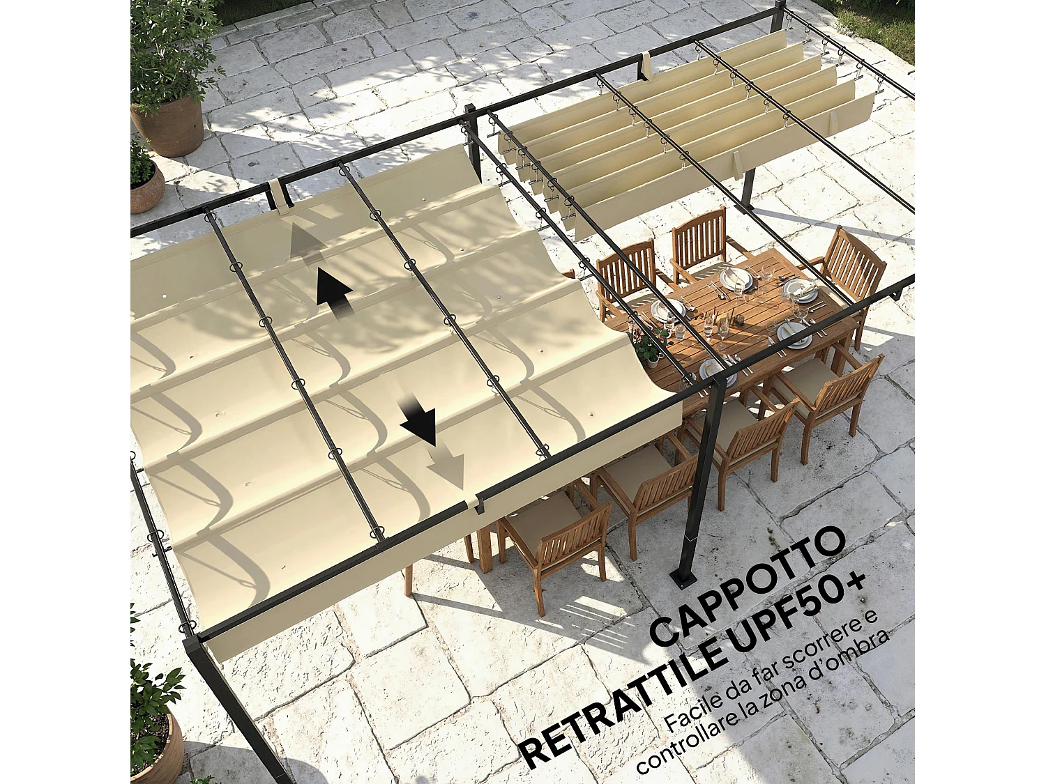 Gazebo pergola con tettuccio retrattile in metallo e poliestere beige