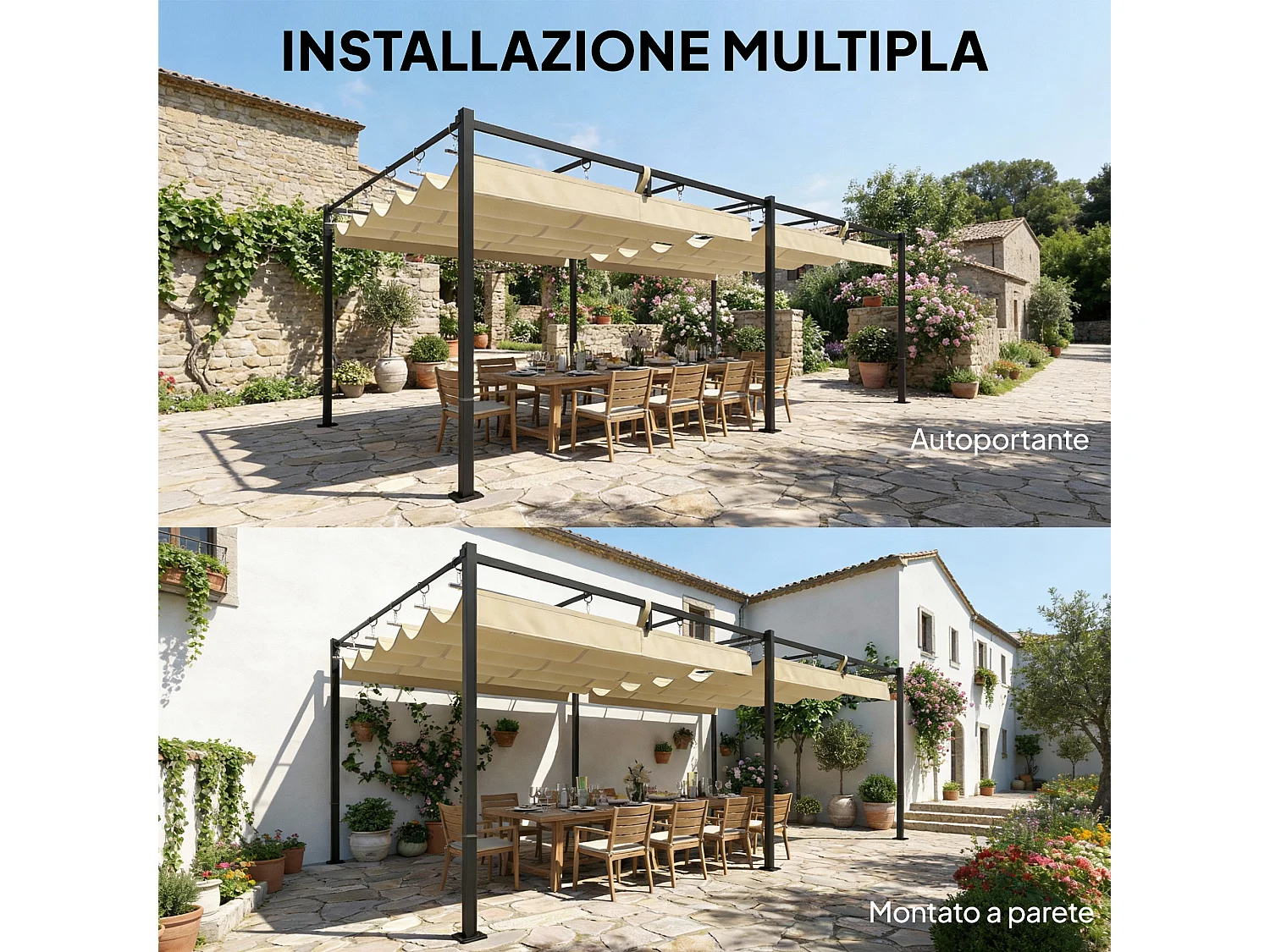 Gazebo pergola con tettuccio retrattile in metallo e poliestere beige