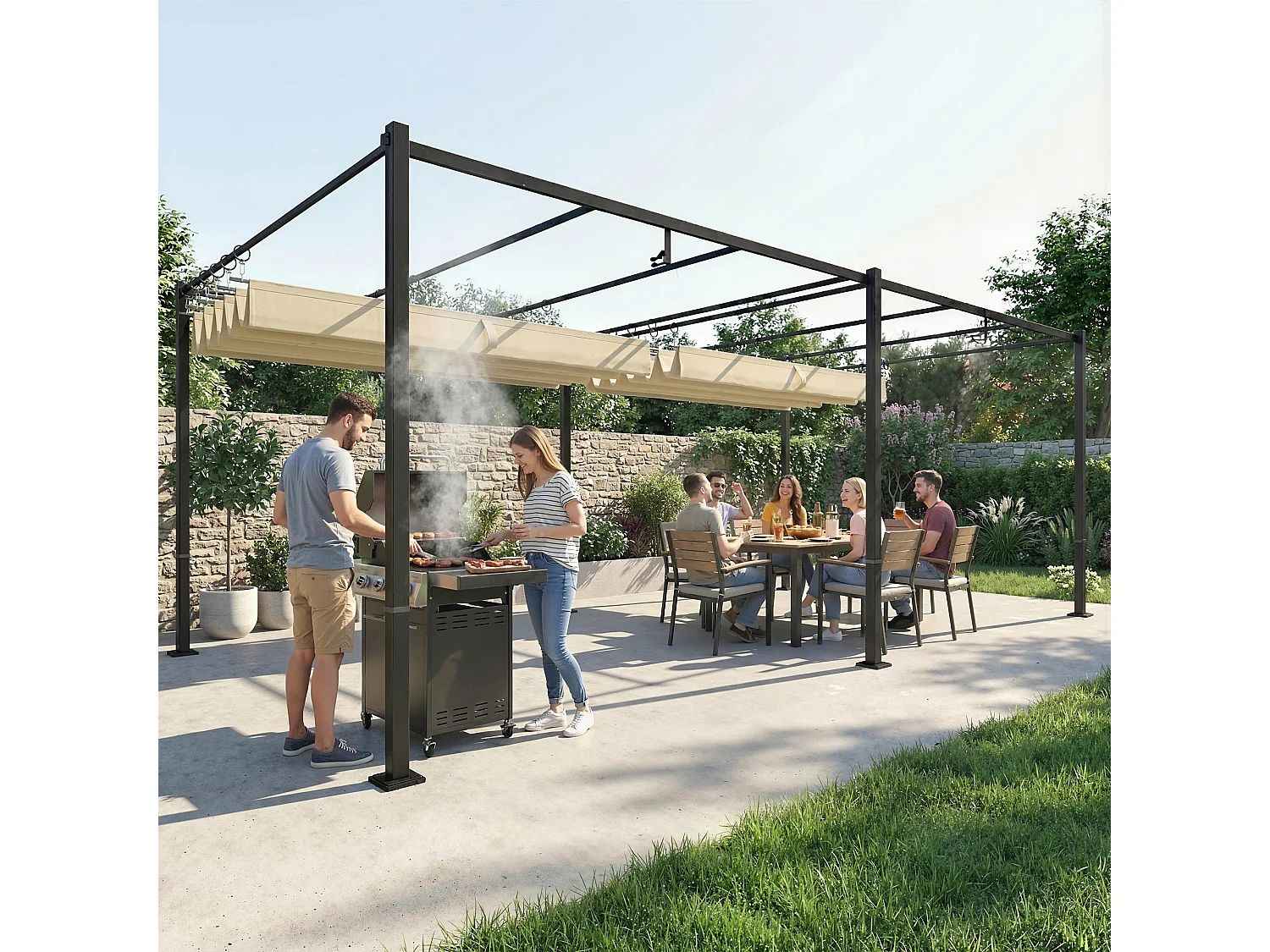 Gazebo pergola con tettuccio retrattile in metallo e poliestere beige