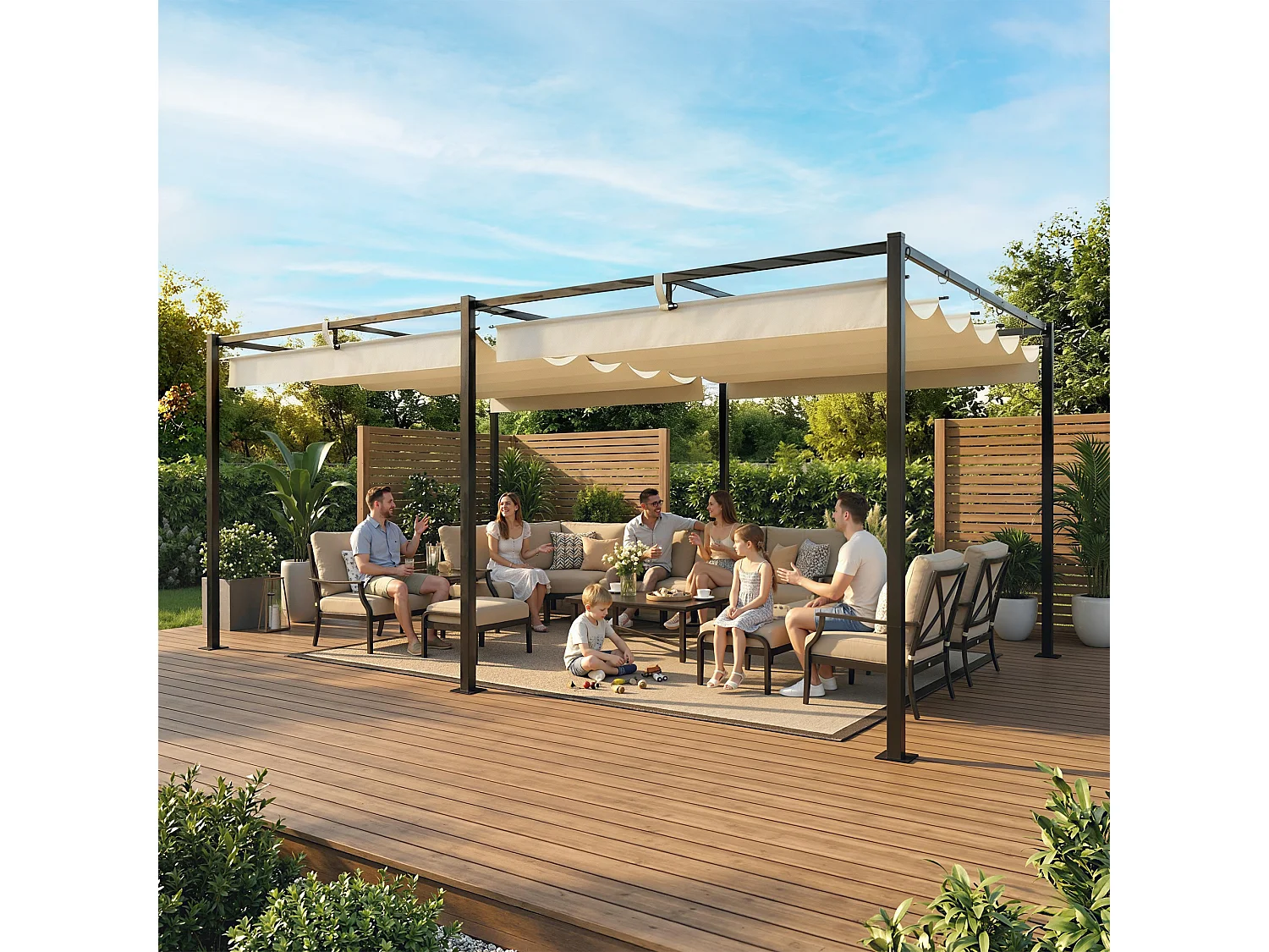 Gazebo pergola con tettuccio retrattile in metallo e poliestere beige