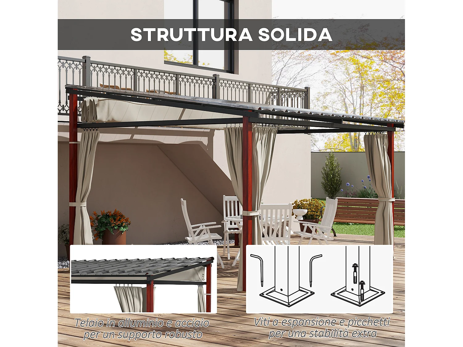 Pergola da giardino con pareti laterali e tetto retrattile bianco