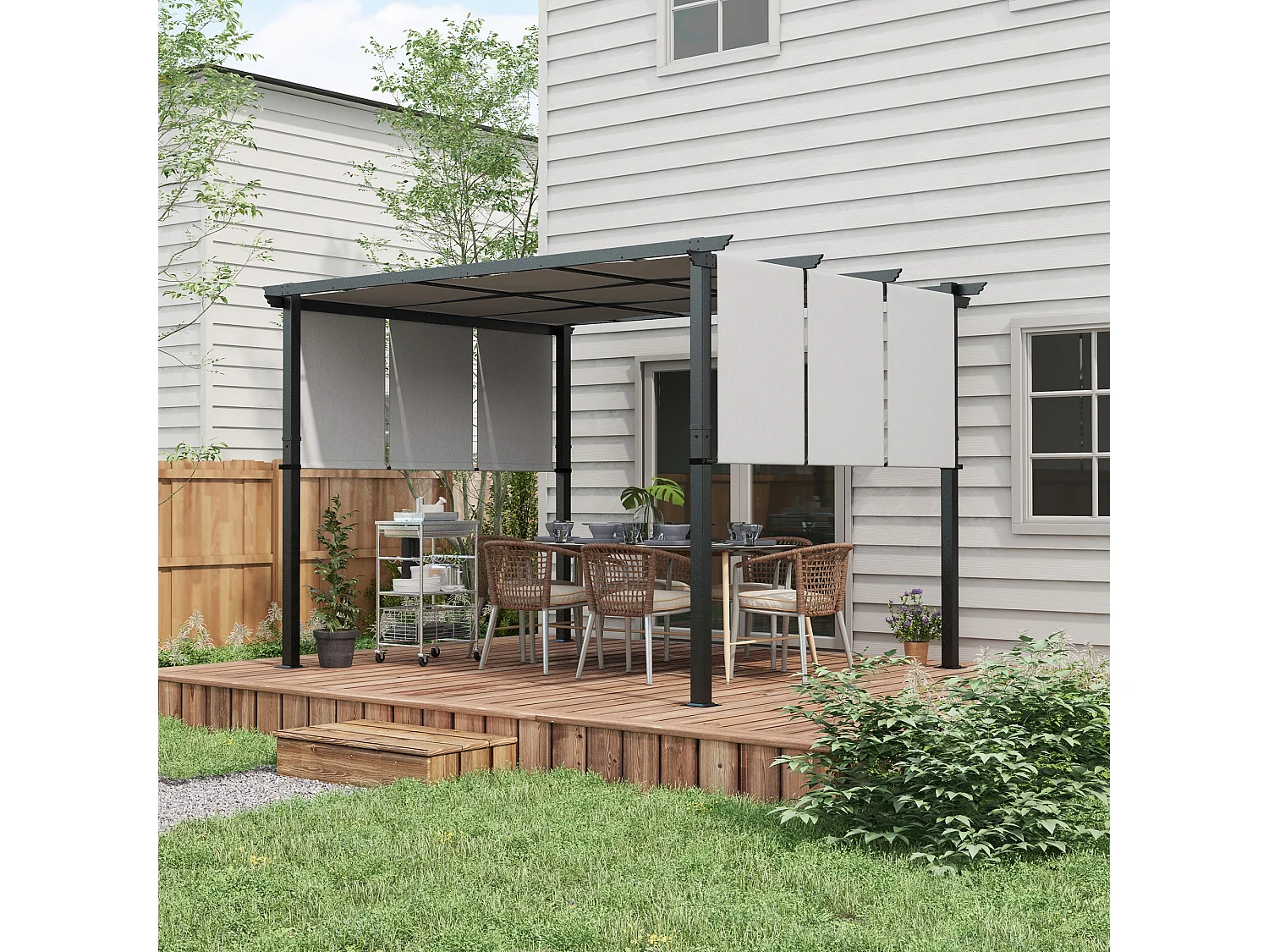 Gazebo pergola con 3 tettucci regolabili in acciaio grigio chiaro