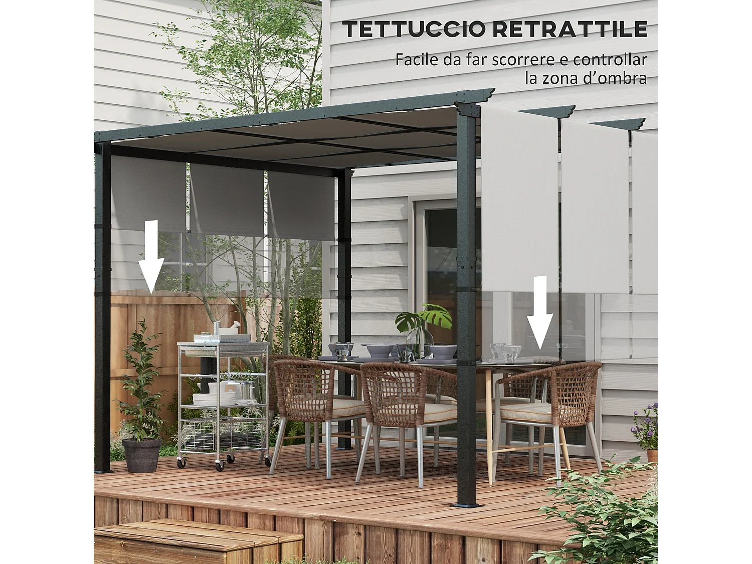 Gazebo pergola con 3 tettucci regolabili in acciaio grigio chiaro