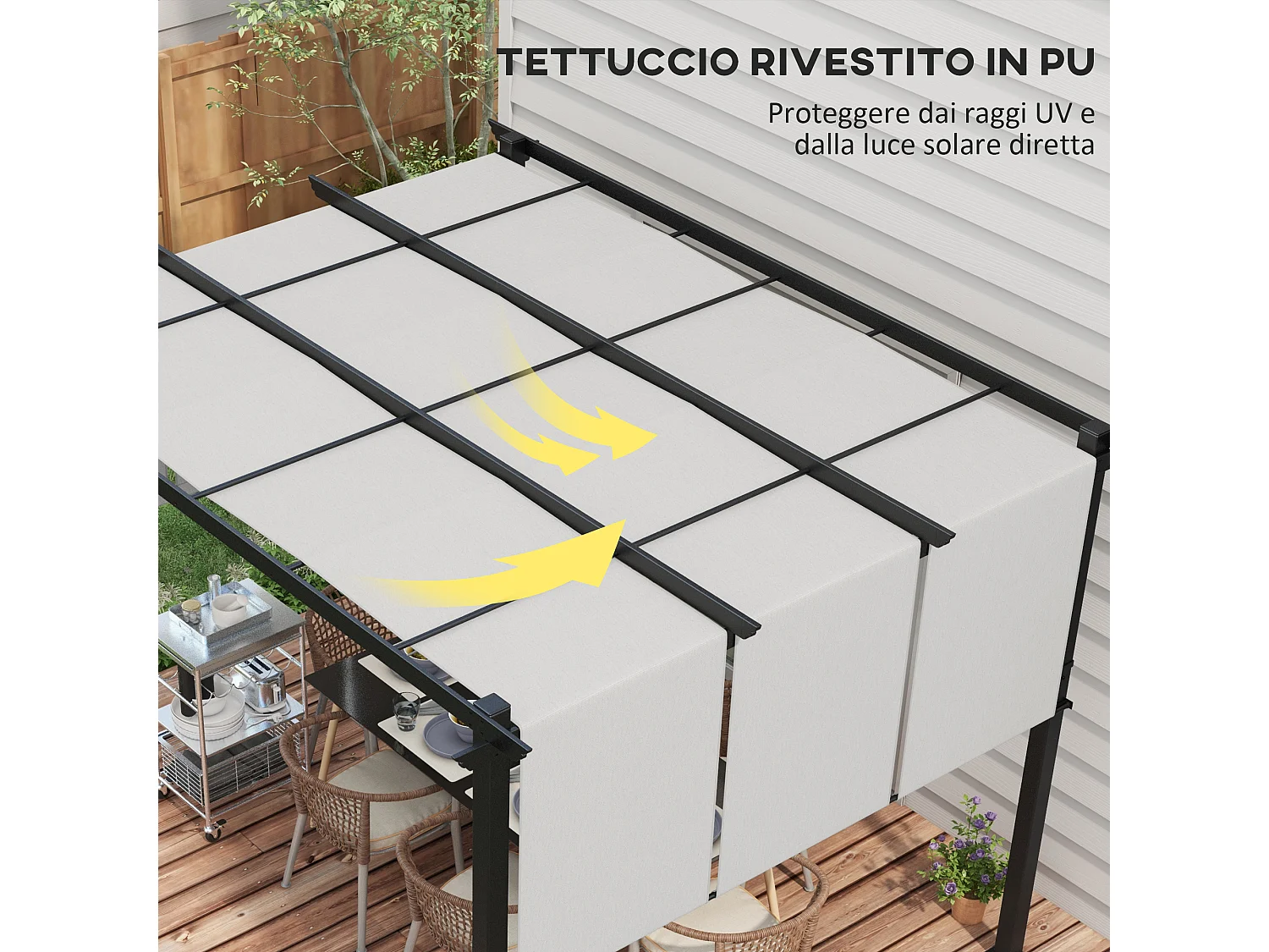 Gazebo pergola con 3 tettucci regolabili in acciaio grigio chiaro