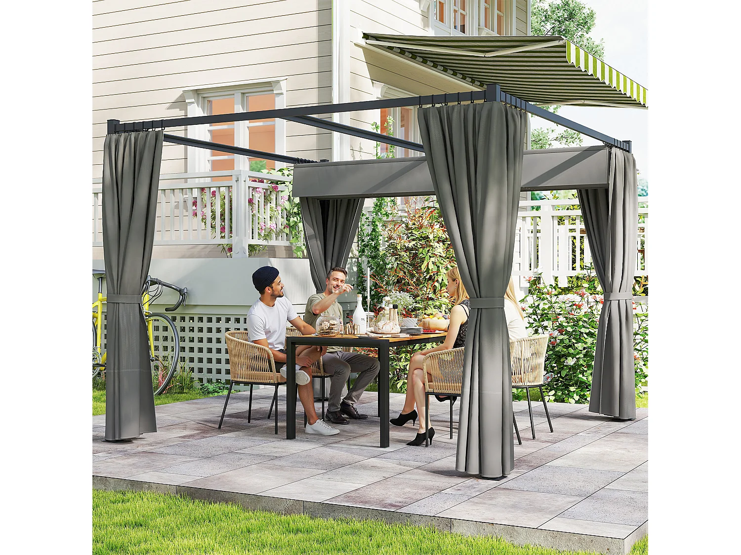 Pergola da giardino con pareti laterali in metallo grigio chiaro