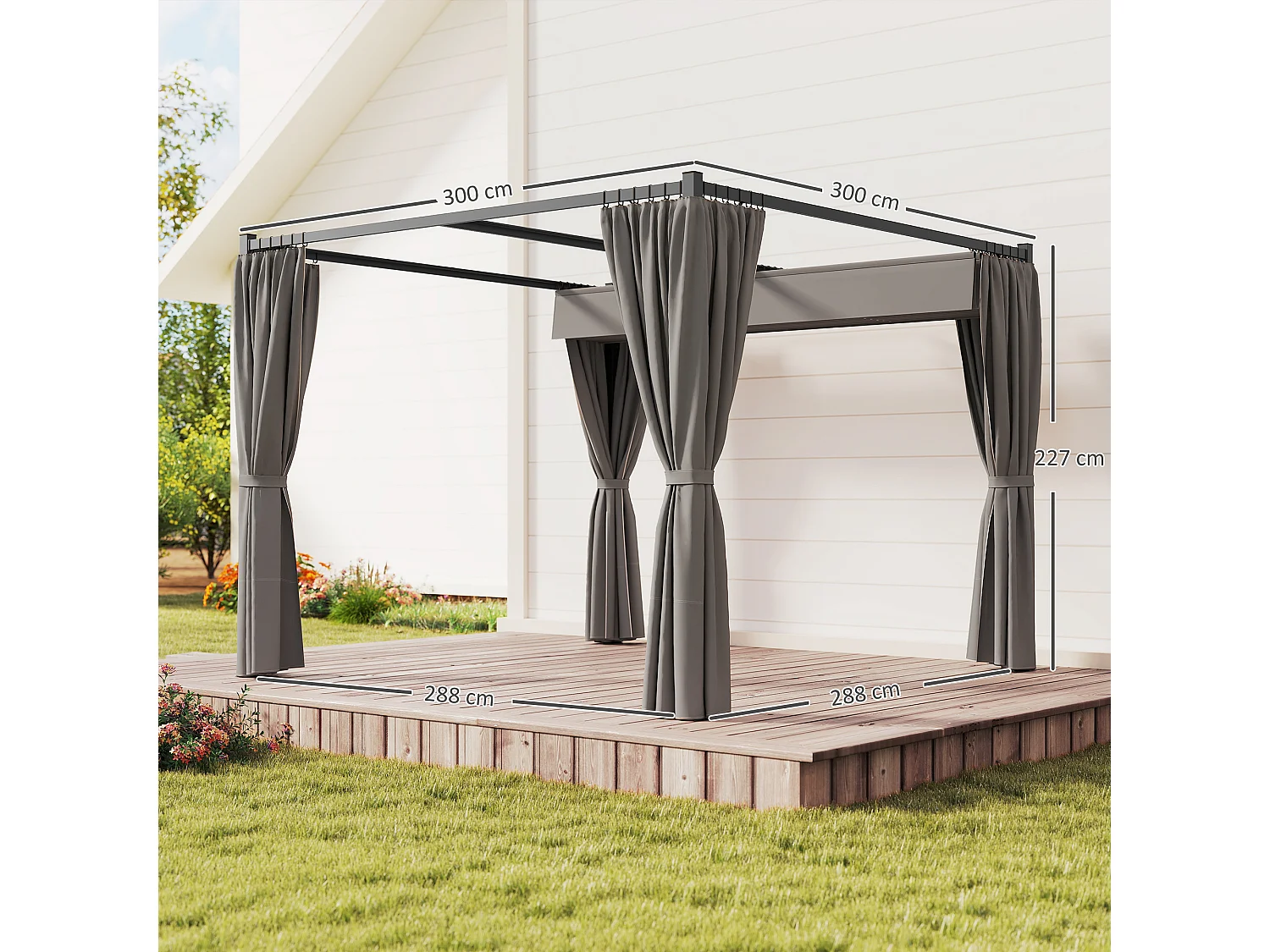 Pergola da giardino con pareti laterali in metallo grigio chiaro