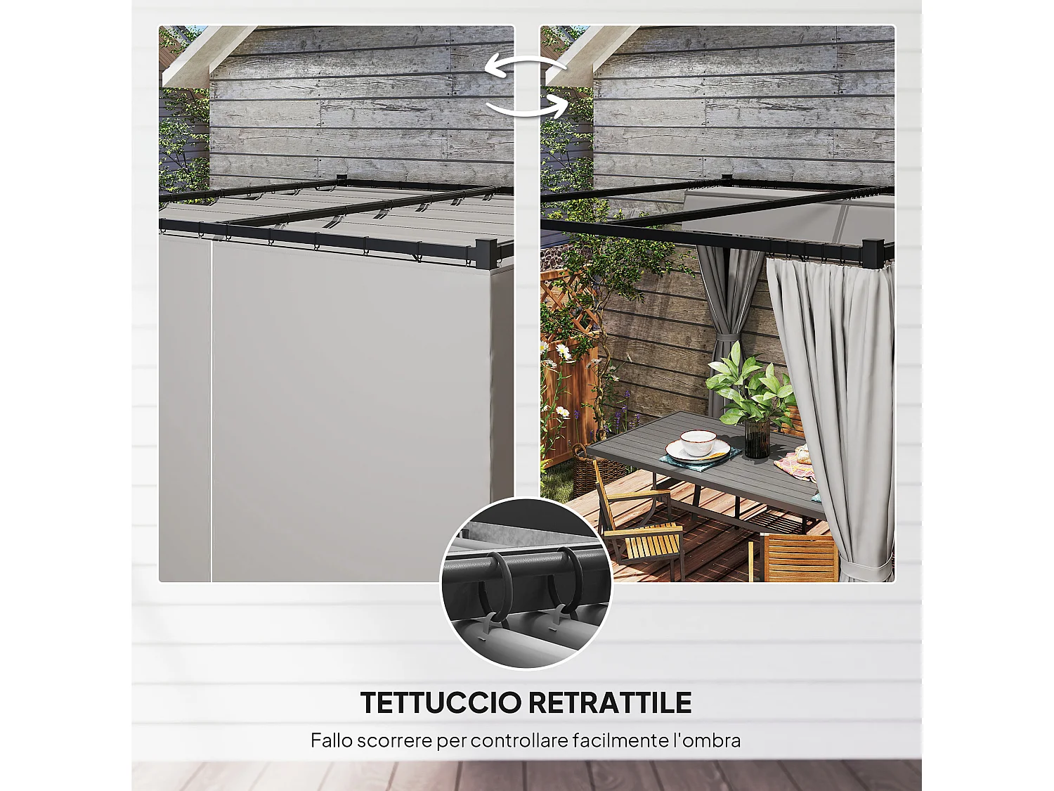 Pergola da giardino con pareti laterali in metallo grigio chiaro
