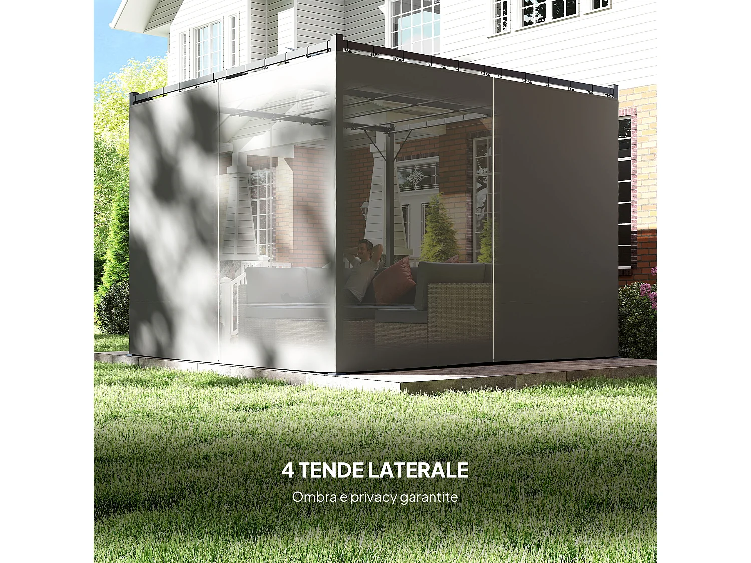 Pergola da giardino con pareti laterali in metallo grigio chiaro