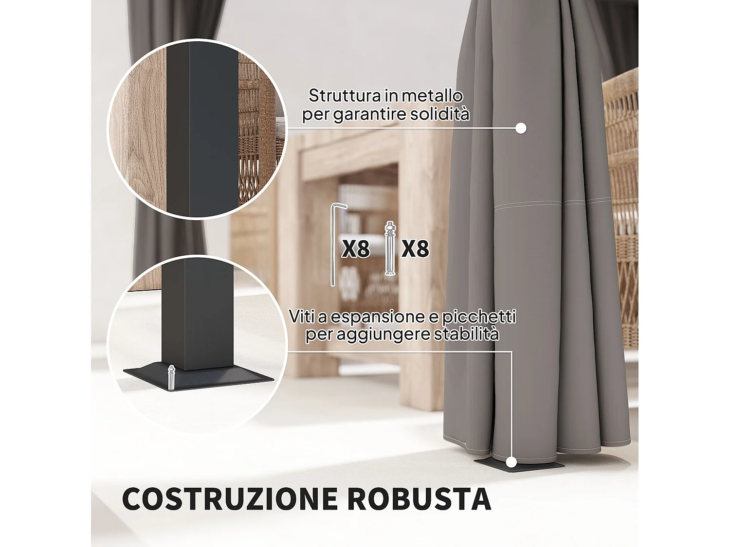 Pergola da giardino con pareti laterali in metallo grigio chiaro