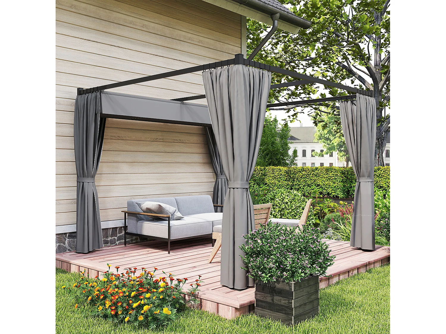 Pergola da giardino con pareti laterali in metallo grigio chiaro