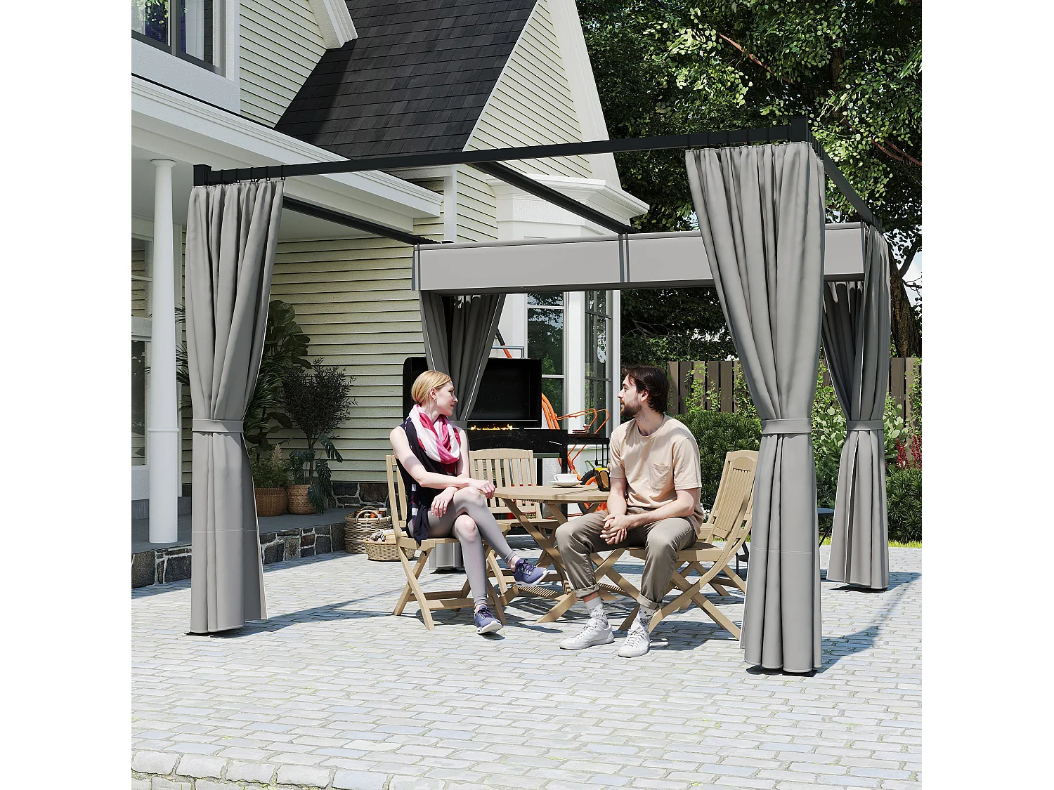 Pergola da giardino con pareti laterali in metallo grigio chiaro