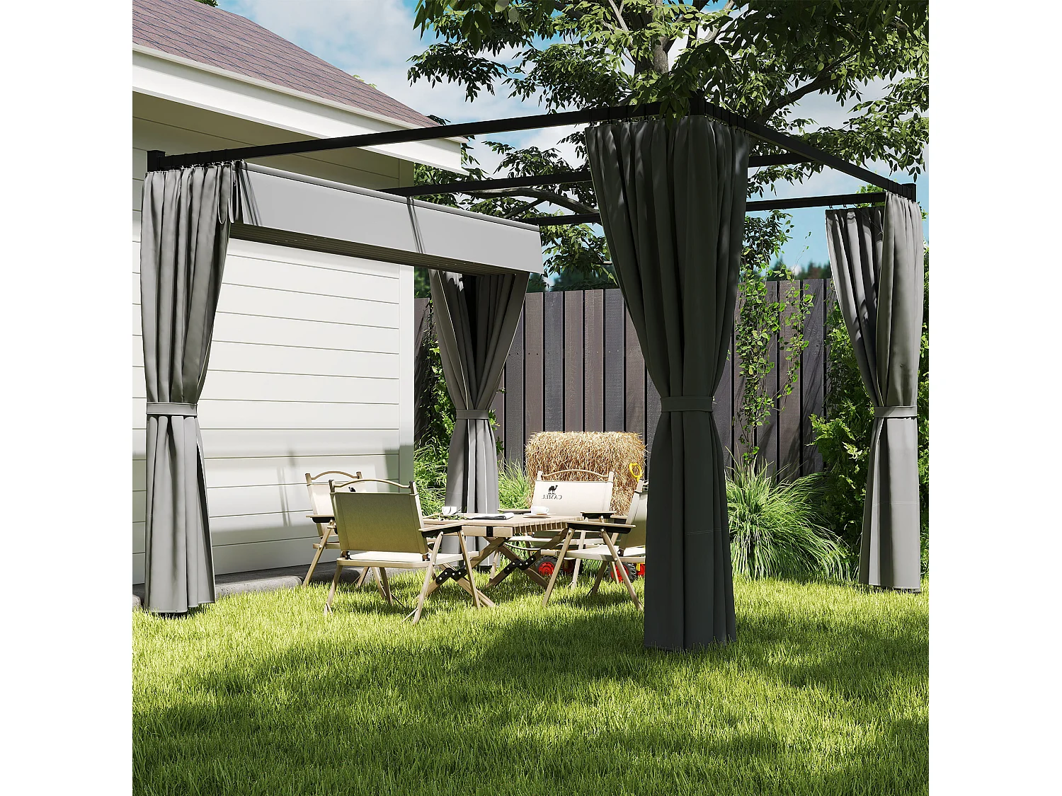 Pergola da giardino con pareti laterali in metallo grigio chiaro