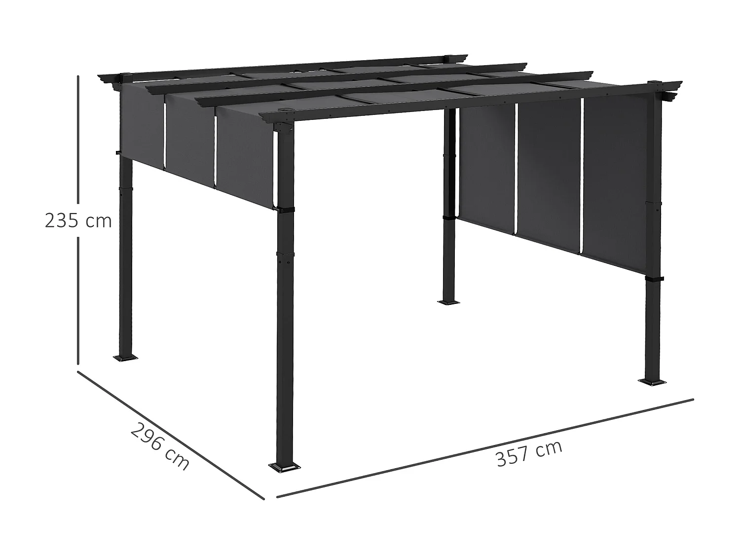 Gazebo pergola 3x3.5m con 3 tettucci regolabili anti uv grigio