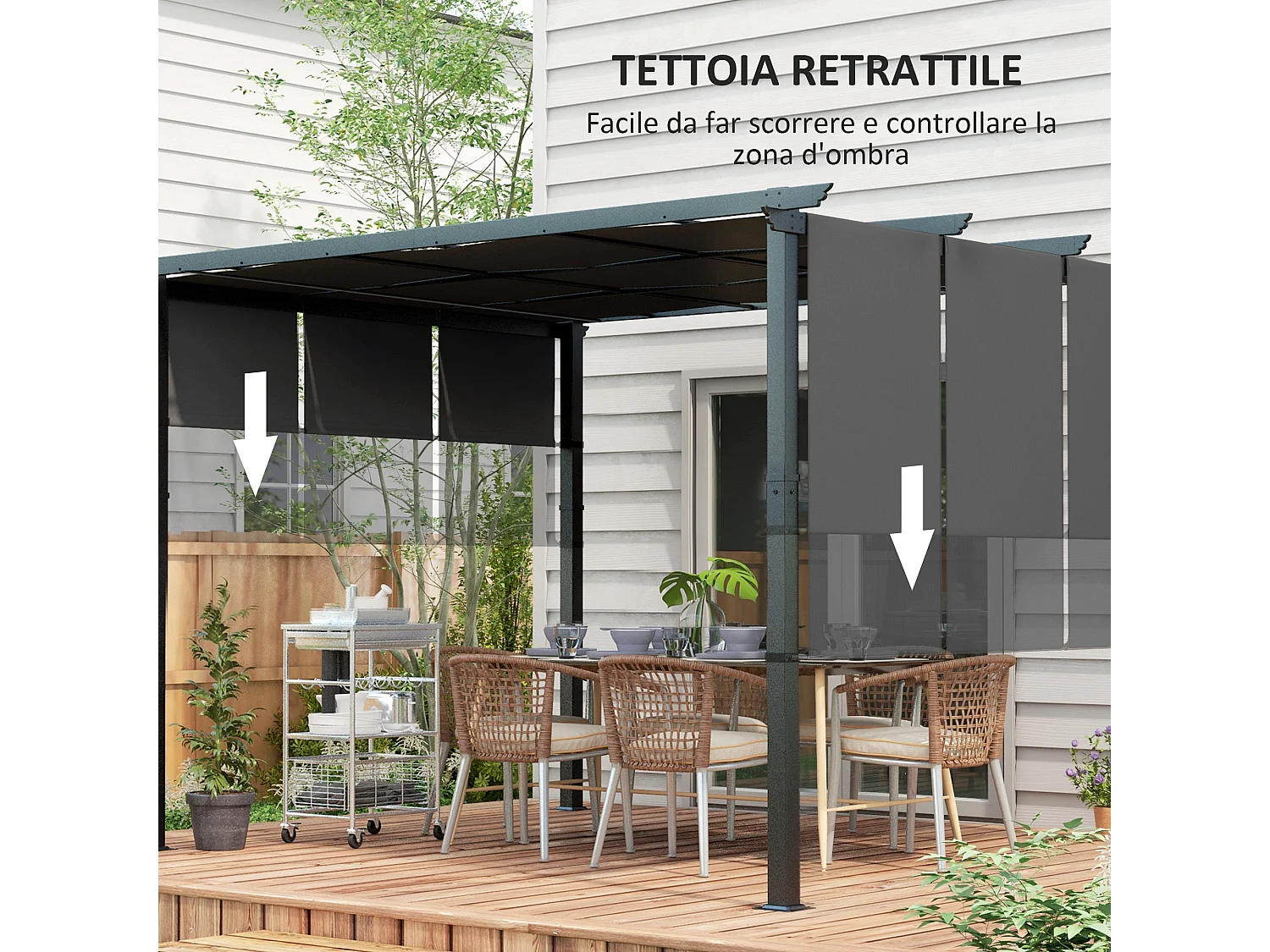 Gazebo pergola 3x3.5m con 3 tettucci regolabili anti uv grigio