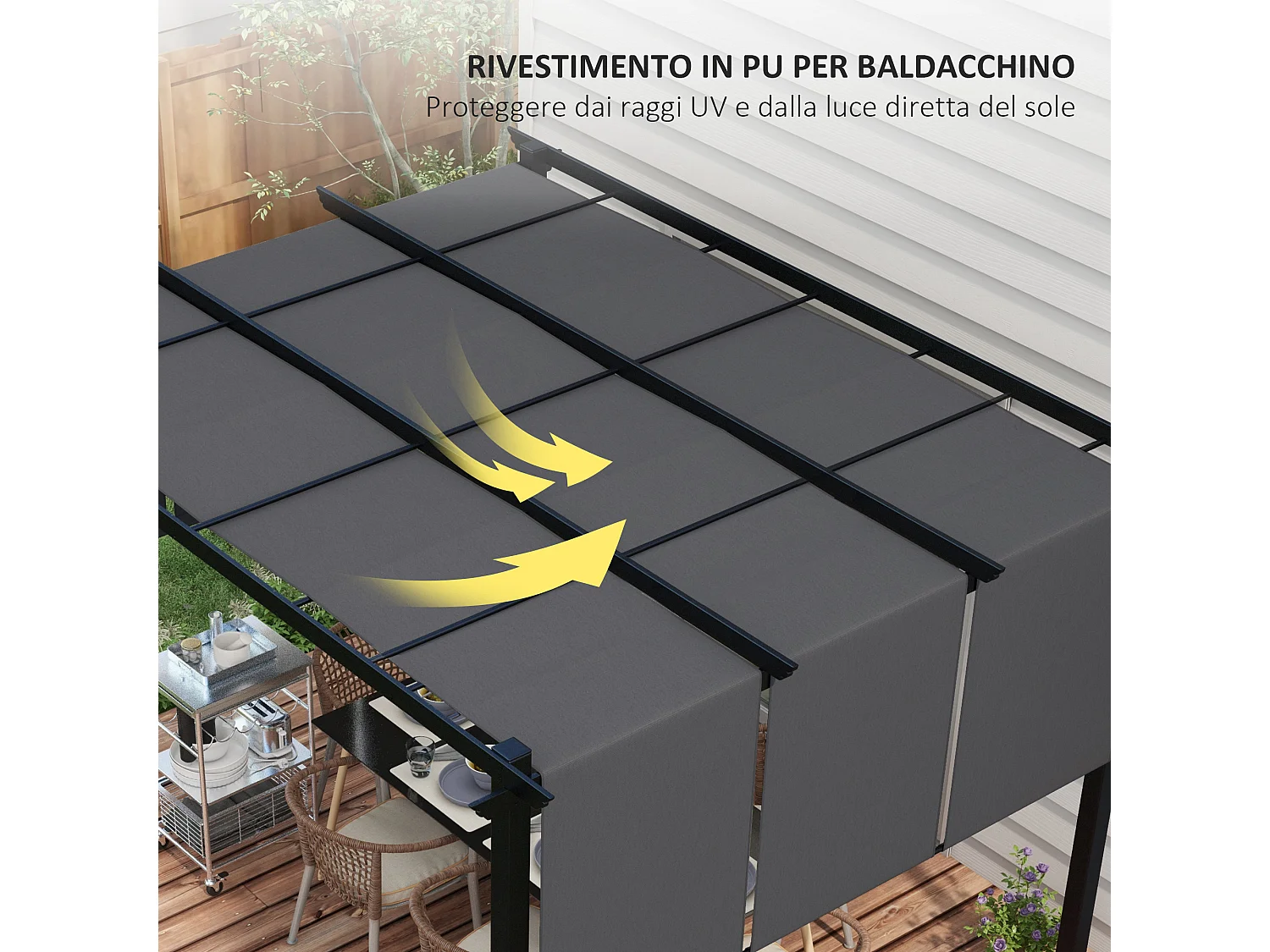 Gazebo pergola 3x3.5m con 3 tettucci regolabili anti uv grigio