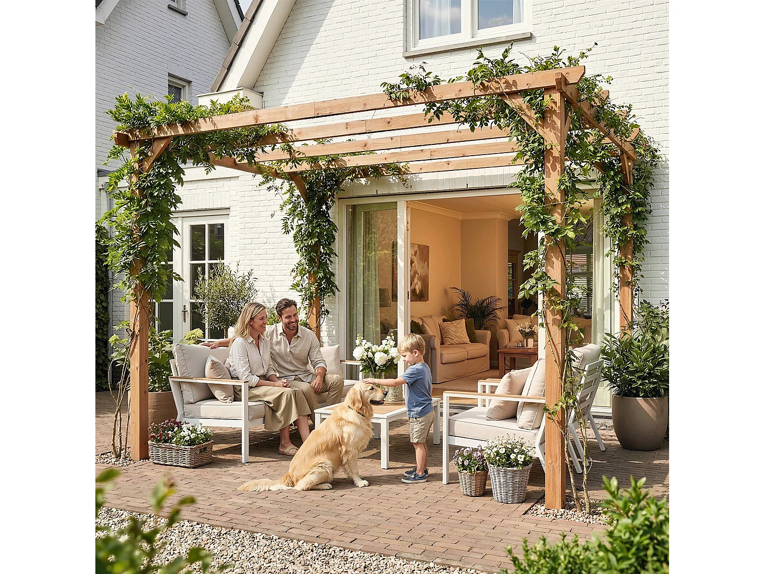 Pergola da giardino 3x3 m con 5 travi e supporti triangolari in legno