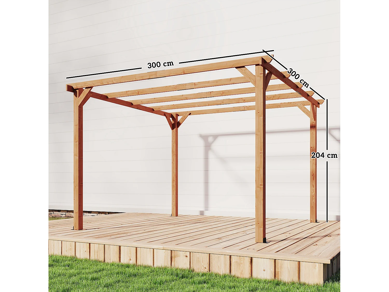 Pergola da giardino 3x3 m con 5 travi e supporti triangolari in legno
