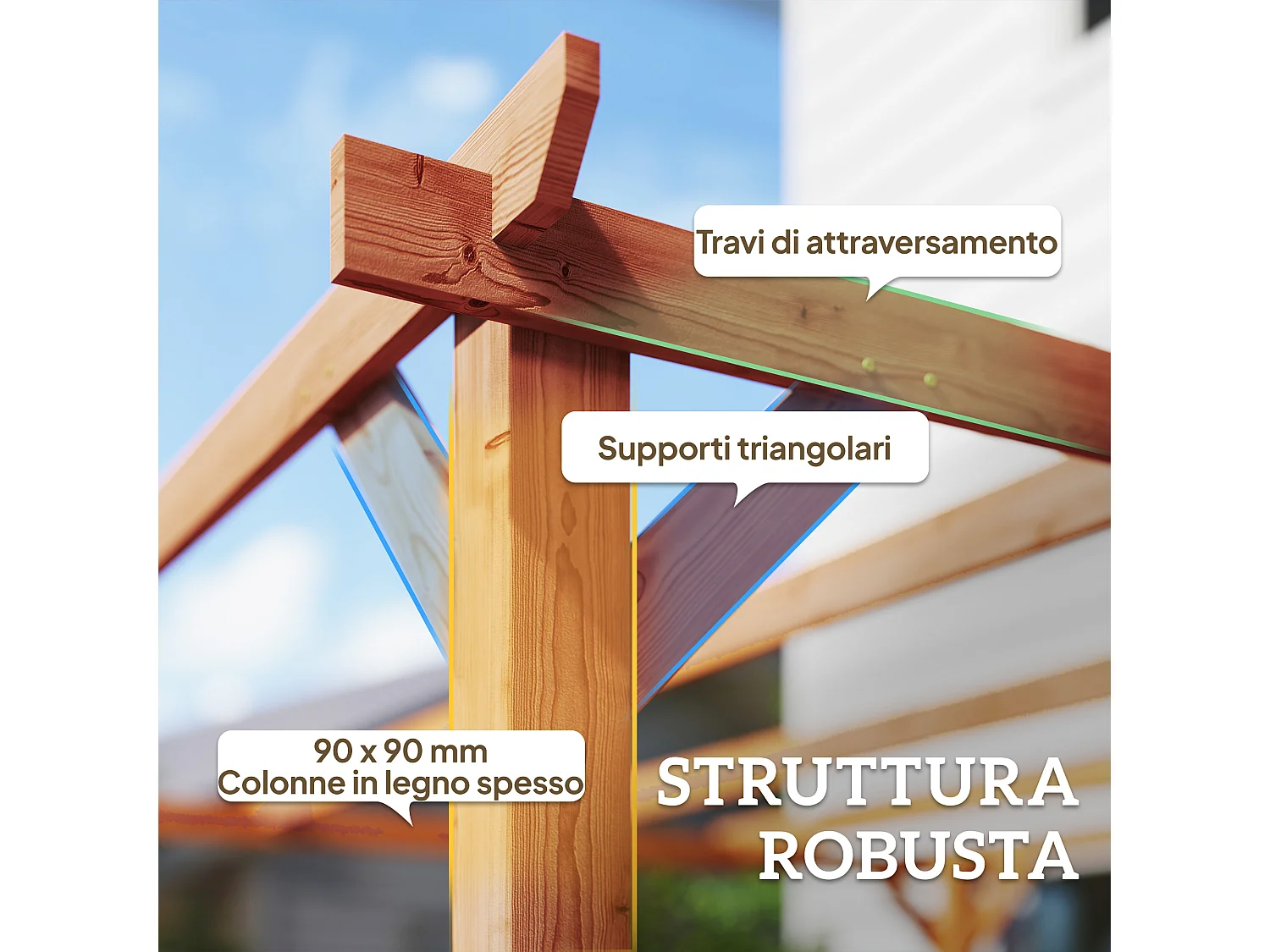 Pergola da giardino 3x3 m con 5 travi e supporti triangolari in legno